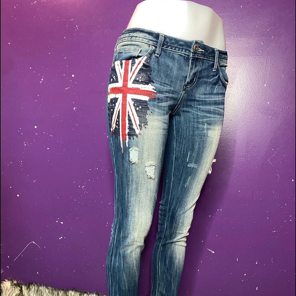 Almost Famous Great Britain flag, distressed super low rise skinny jeans